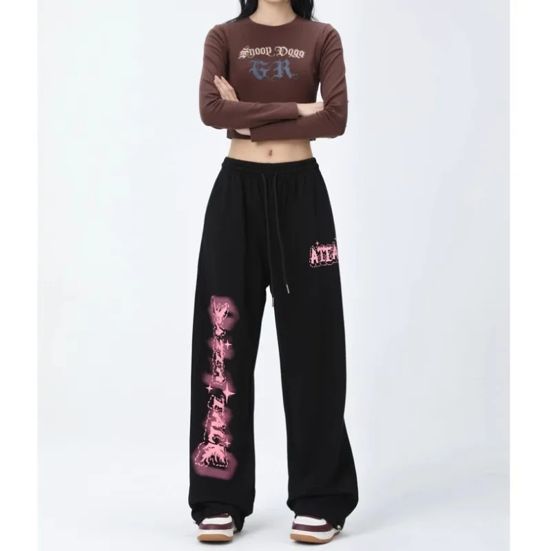 

Новые универсальные спортивные штаны Y2K в уличном стиле, модные женские брюки с граффити и буквенным дизайном, женские брюки с высокой талией в стиле хип-хоп на шнурке