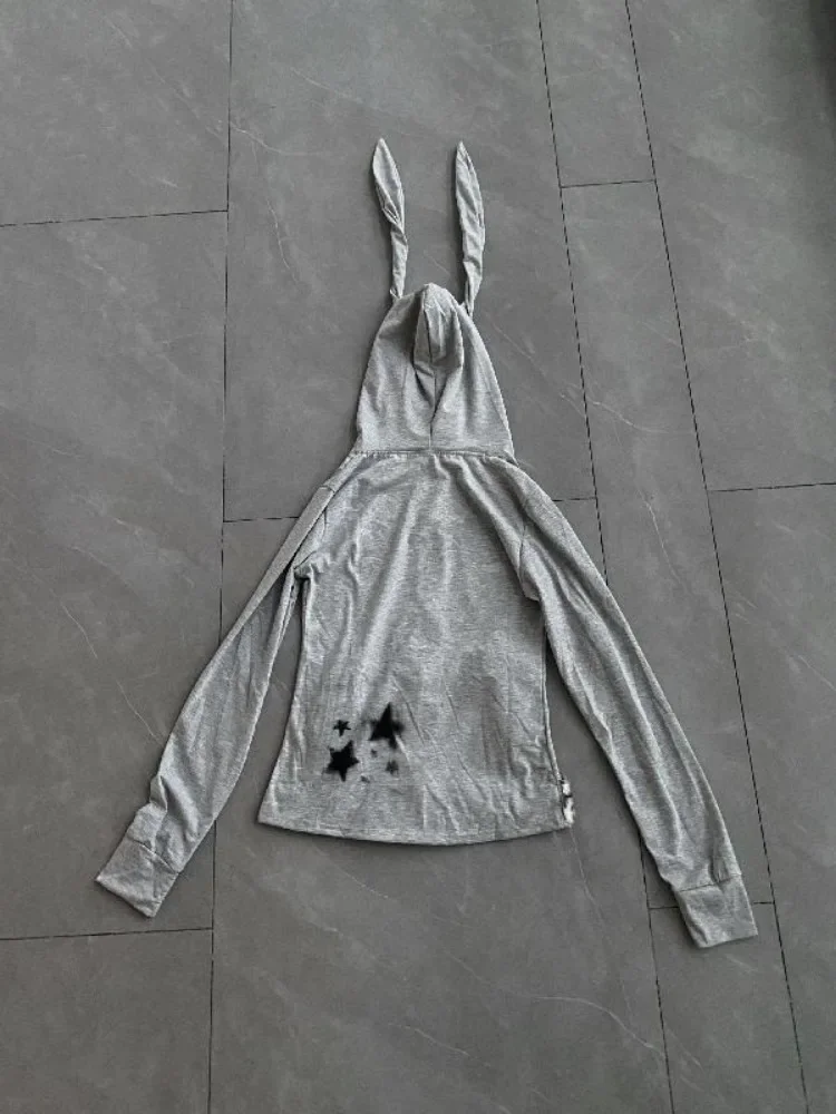 American Vintage Gothic Grunge Bunny Ears Hoodie Y2k Zip Up Sweatshirt Streetwear Anime Cute Punk Jacket Print Slim Coat New