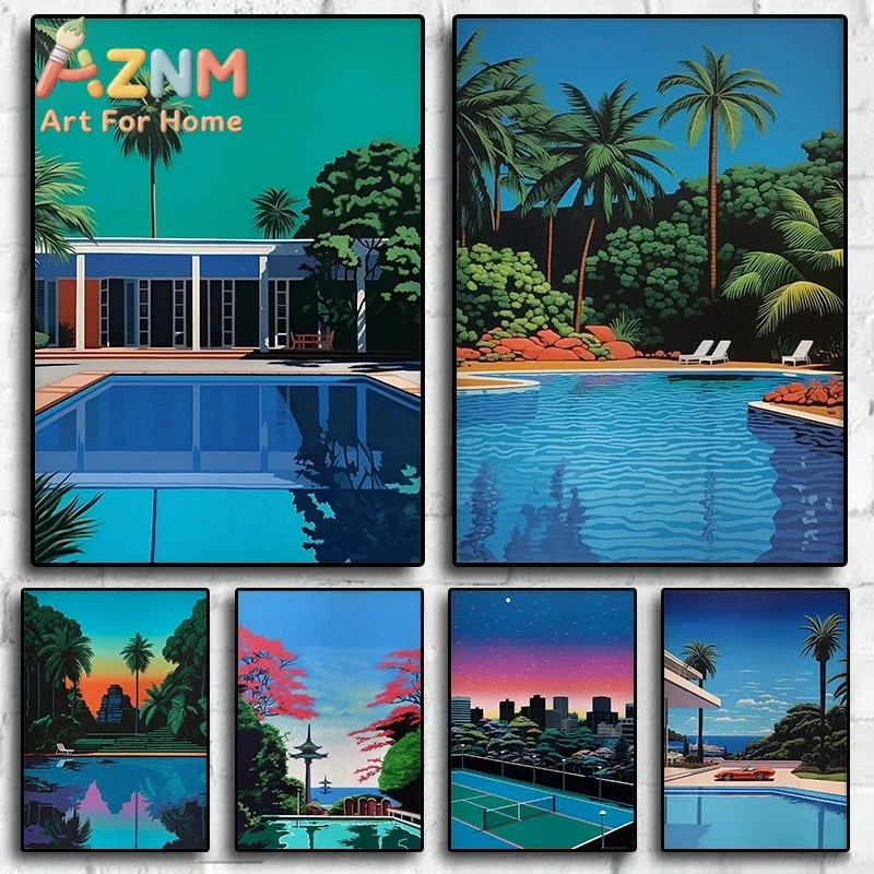 Hiroshi Nagai Japan Pool Palm Sunset Purple Posters Prints Vaporwave Wall Art Canvas Painting Nordic Pictures Living Room Decor