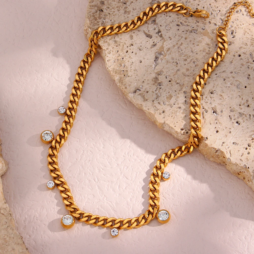 MamacitaSlay Trendy Round Zircon Gold Plated Cuban Chain Necklaces Adjustable Stainless Steel Choker Necklaces for Women Party