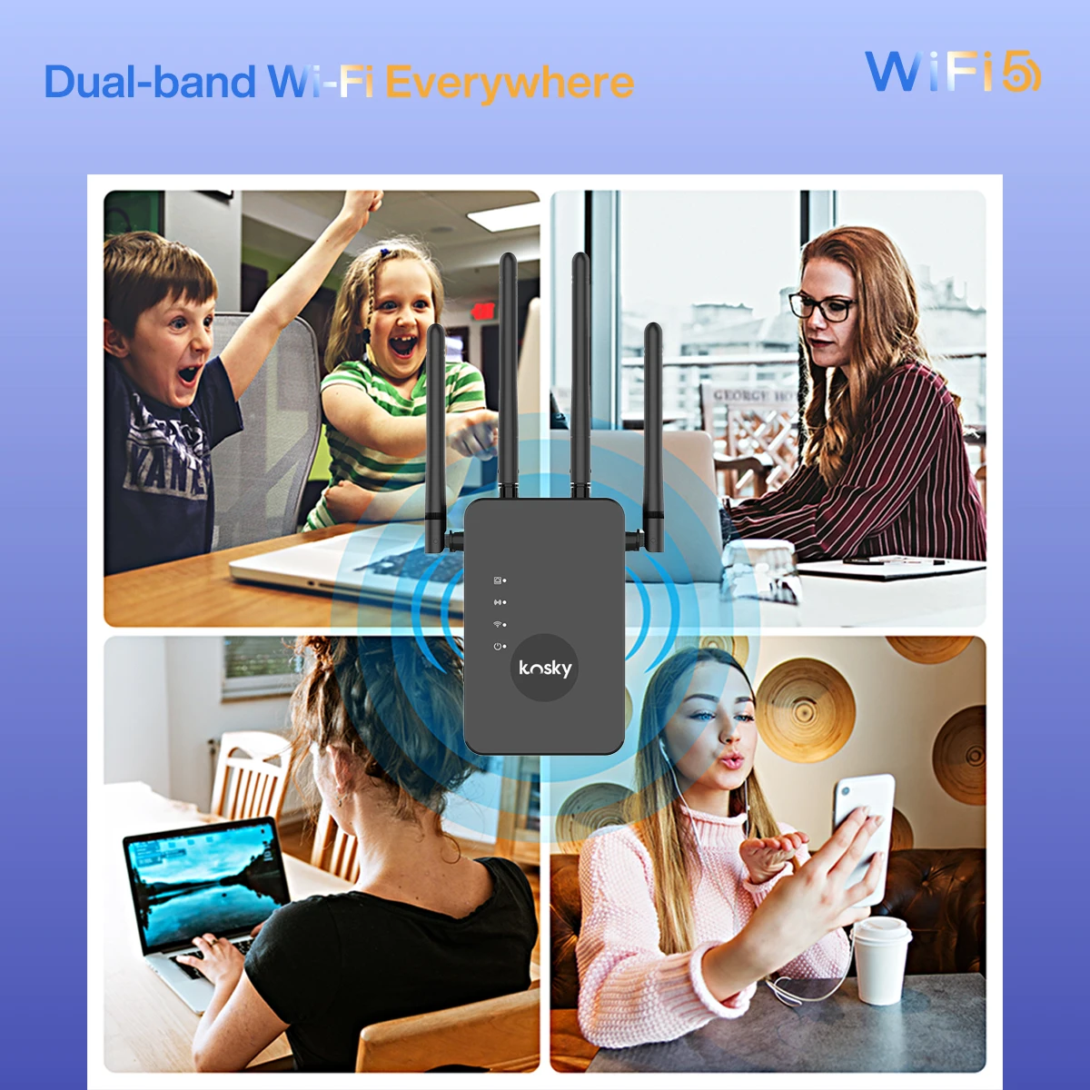 Kosky Dual-band Wifi Extender, 1200Mbps WiFi Signal Booster,Repeater, Router, AP, Boost Your Home WiFi Signal, Up to 1200Mbps