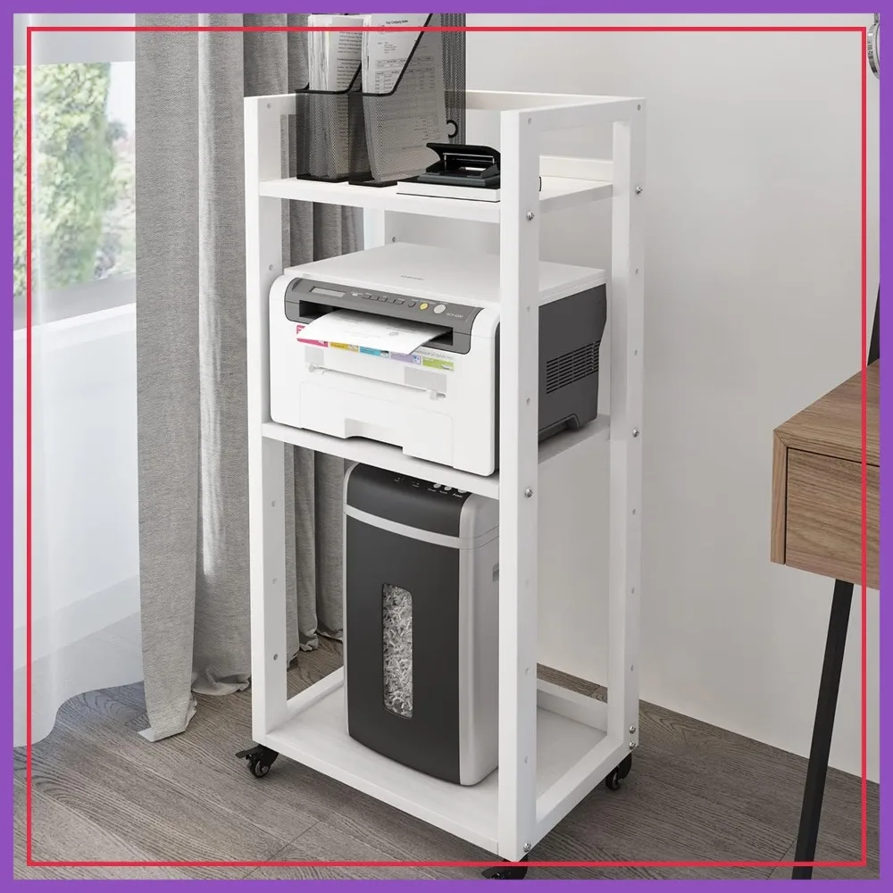 

3-Tier Printer Stand on Wheels, Movable Desk Side Shredder Stand, Adjustable Storage Shelf for Fax Scanner File Book, White