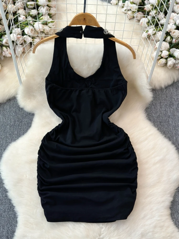 Foamlina وصول جديد فاخر الماس مزين الرسن اللباس المرأة عارية الذراعين انقطاع Ruched البسيطة حزب رداء