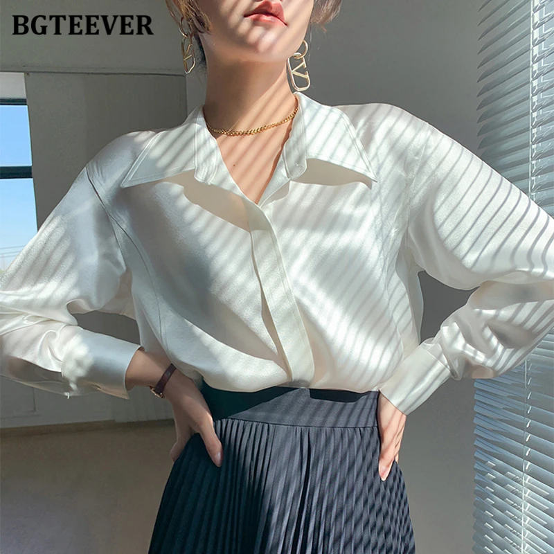 BGTEEVER Autumn Satin Shirts for Women Single-breasted Loose Blouses Female Turn-down Collar Full Sleeve Ladies Shirts Elegant