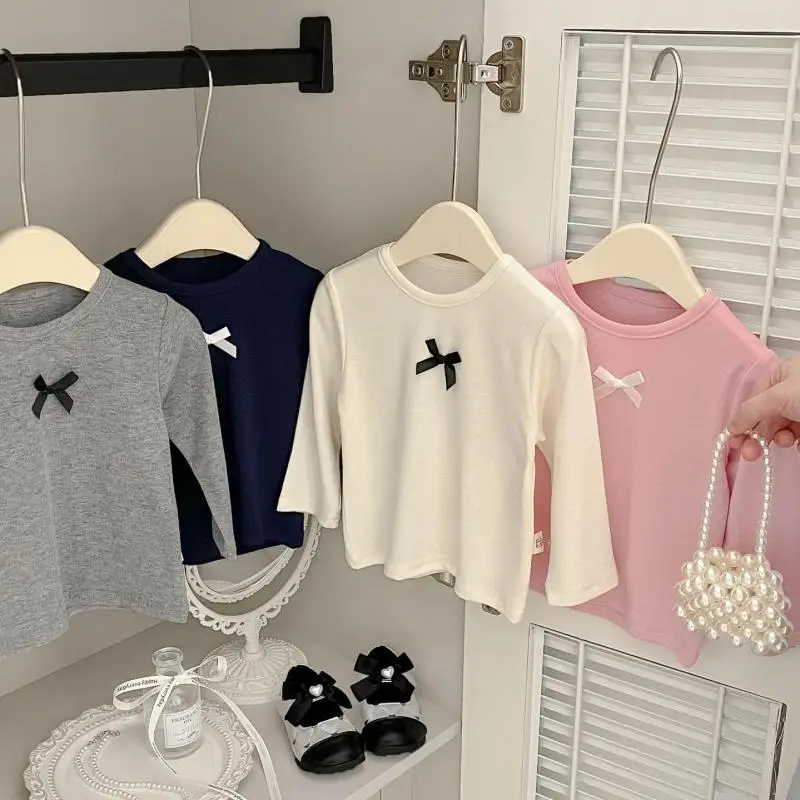 

2025 Autumn New Children Long Sleeve T Shirts Cute Girls Bow Bottoming Shirts Baby Cotton Tops Solid Casual Toddler Clothes