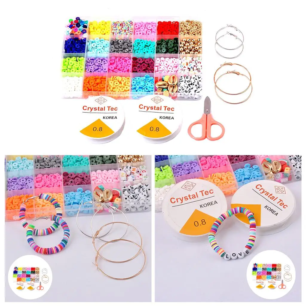 Perles d'espacement en argile polymère avec kit de ciseaux à pendentif, 24 sortes