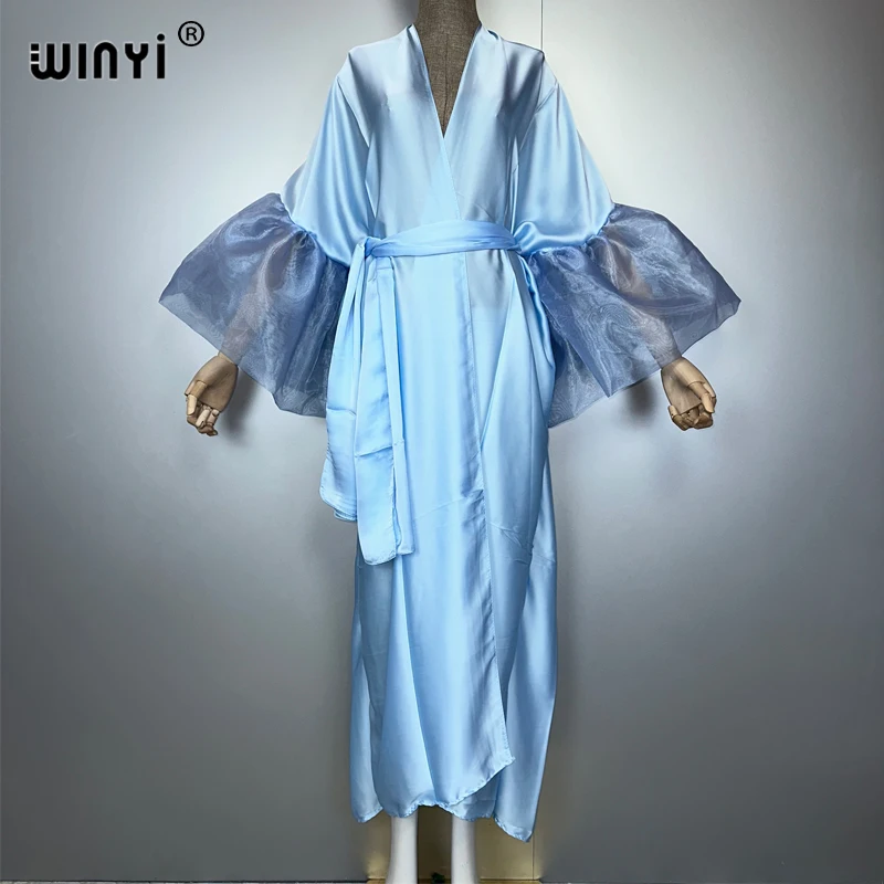 

WINYI Summer Kimono party dress Beach Wear Swim Suit Cover up Africa women puff(ed) sleeves Monochrome cardigan Holiday kaftan