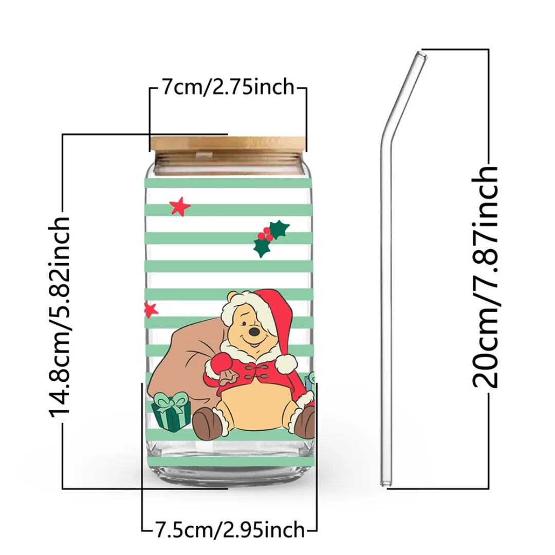 1pc 16oz Disney Winnie the Pooh Tigger Eeyore Christmas Glass Tumbler with Lid & Straw Reusable Cup for Coffee Juice Boba Tea
