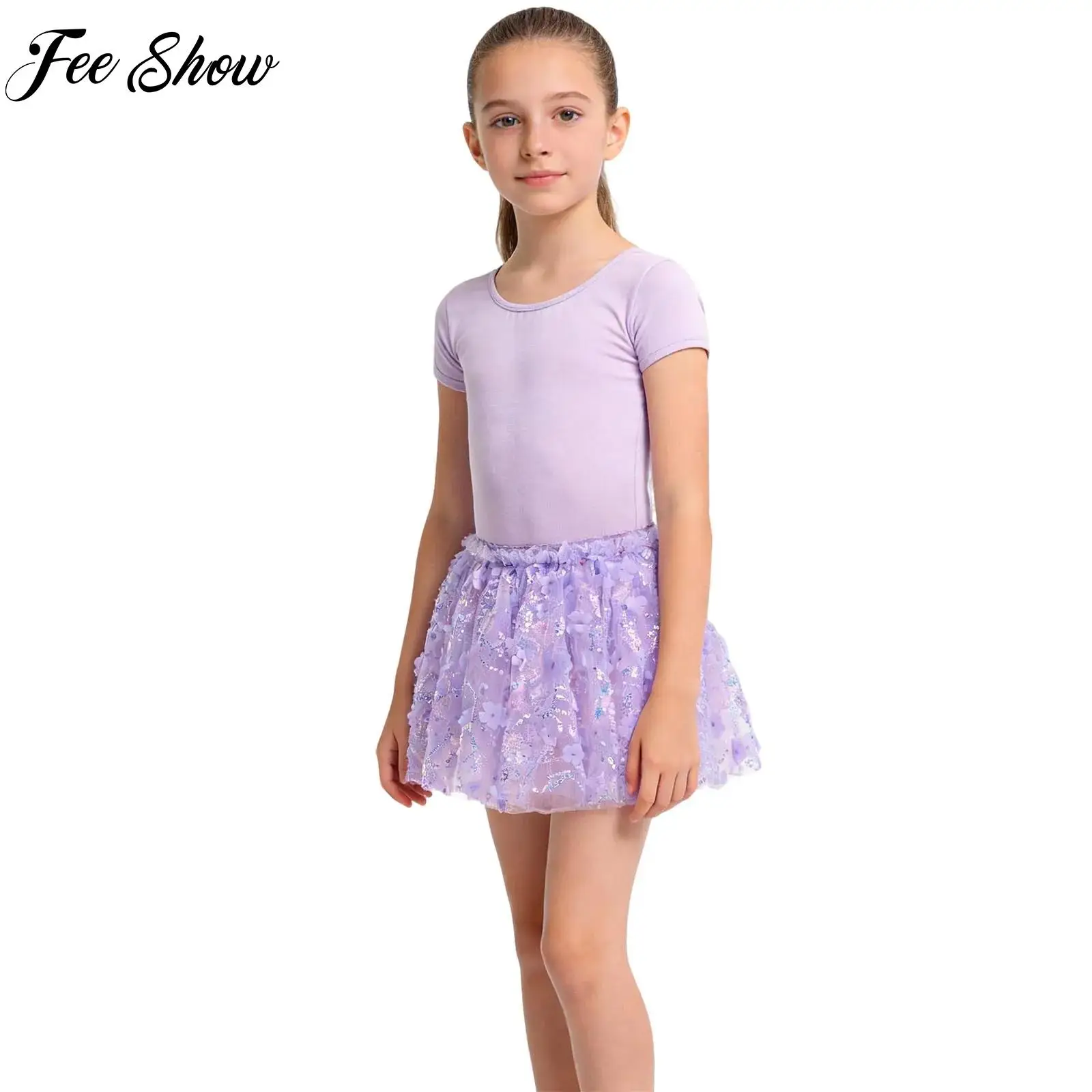 

Kids Girls Ballet Gymnastics Dance Skirt Set Elastic Waistband 3d Flower Sequin Tulle Skirts for Jazz Dance Practice Performance