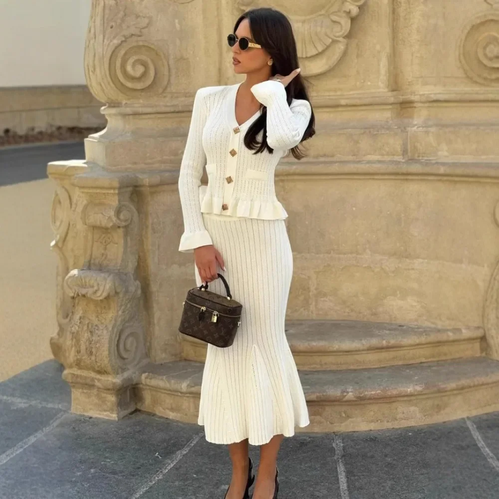 New French Elegance V Neck Knit Two Piece Set Cardigan Long Skirt Suit Button Bodycon Dress