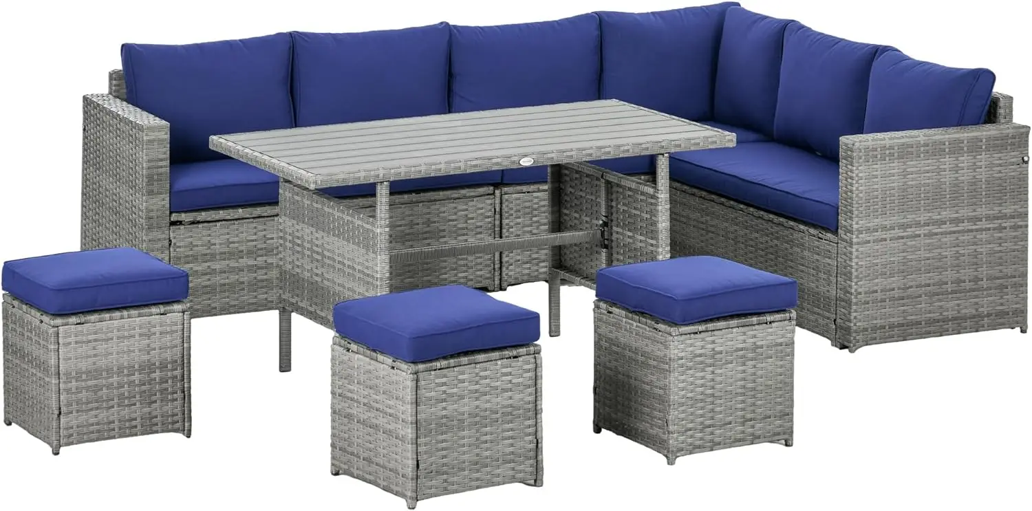 

Rattan Outdoor Patio Furniture Set, L-Shaped Sectional Sofa Conversation Set, Ottomans, Dining Table, Cushions, Storage