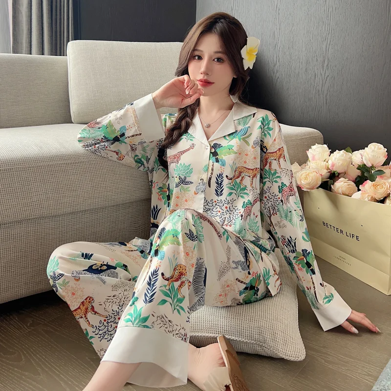 Chinese Style Vintage Silk Soft 2 Piece Pajamas Set Animal Fun Print V-neck Sleepwear Women\'s Long Sleeve Top & Pants Home Suit