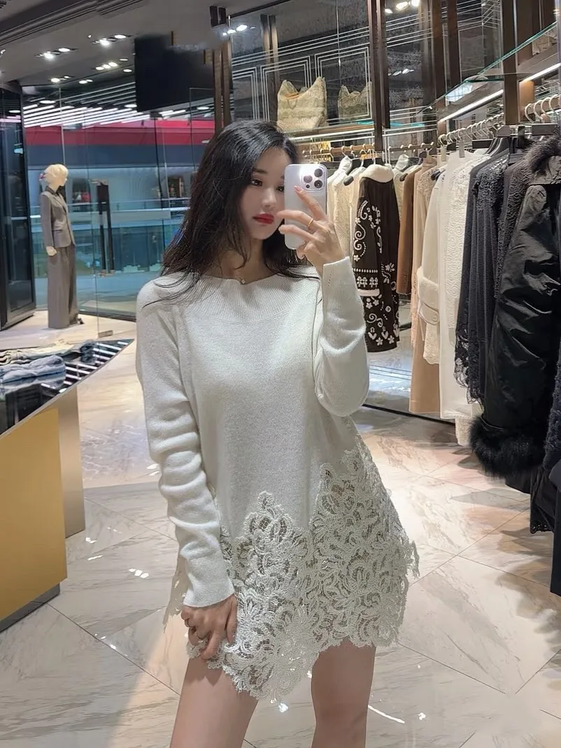 

Sexy Ladies Embroidered Lace Black Sweater Long Fashion Women's Cashmere Grey Beige Pullover Elegant Slash Neck Top