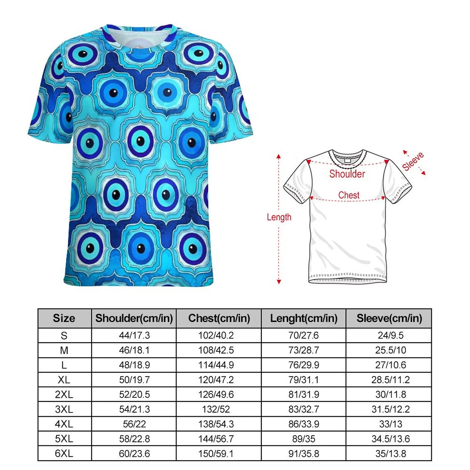 Female T-Shirt Evil Eye O Neck T-Shirts Short Sleeve Blue Glass and Silver Pretty Printed Tops Street Style Top Tees Large Size