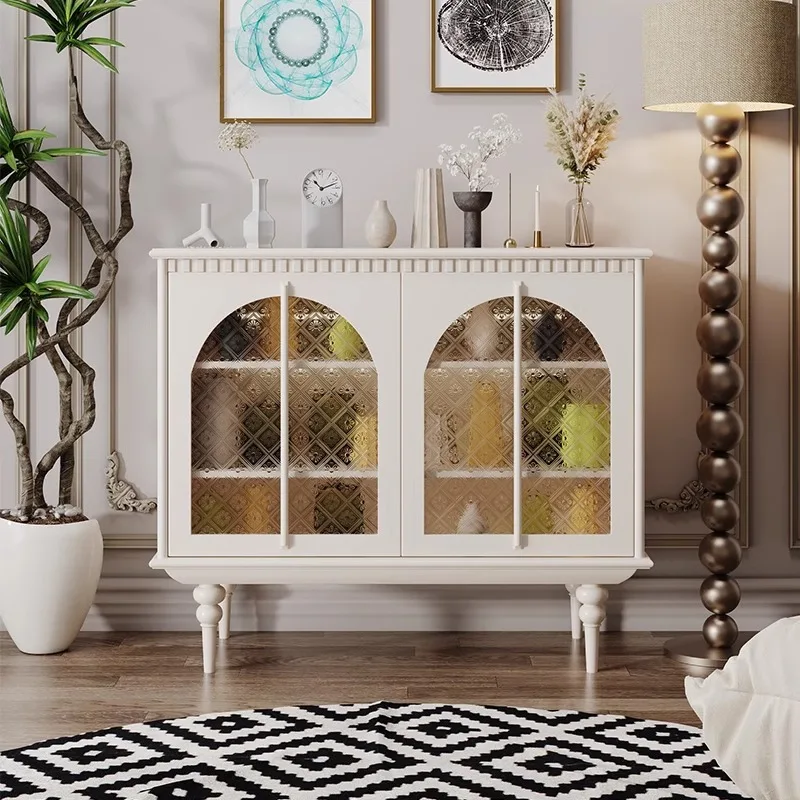 

French cream style dining side cabinet facing the entrance hall cabinet sensor light glass display cabinet light luxury solid