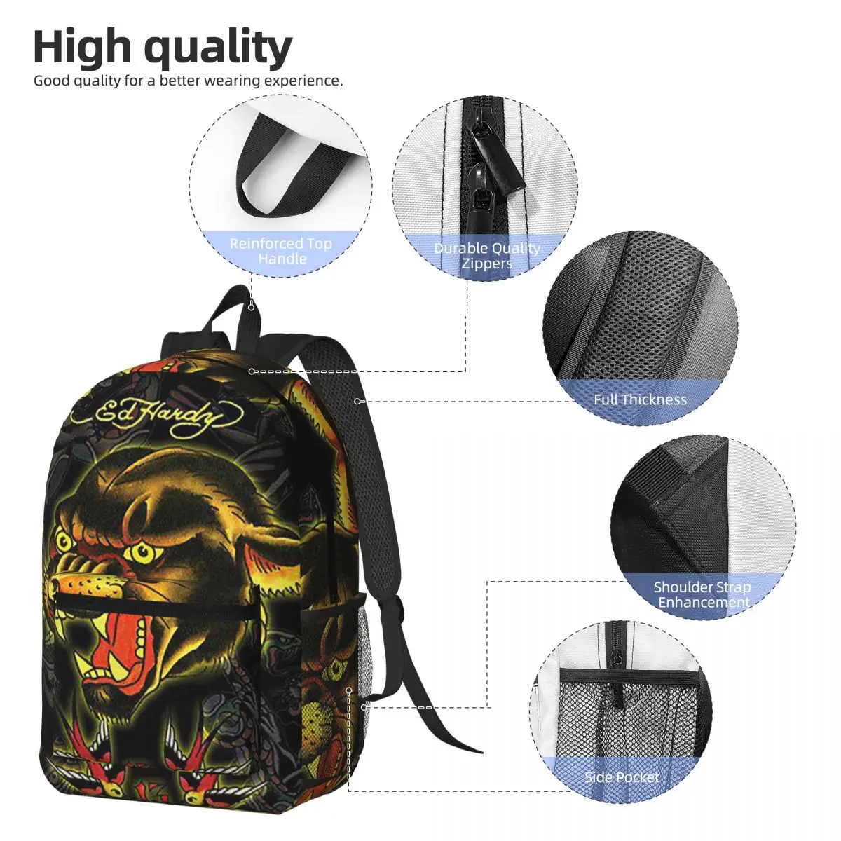 Ed-hardy Tattoo Tiger Skull Backpack Daypack Large Capacity Children BookBag School Bag Shoulder Bags for Men Women