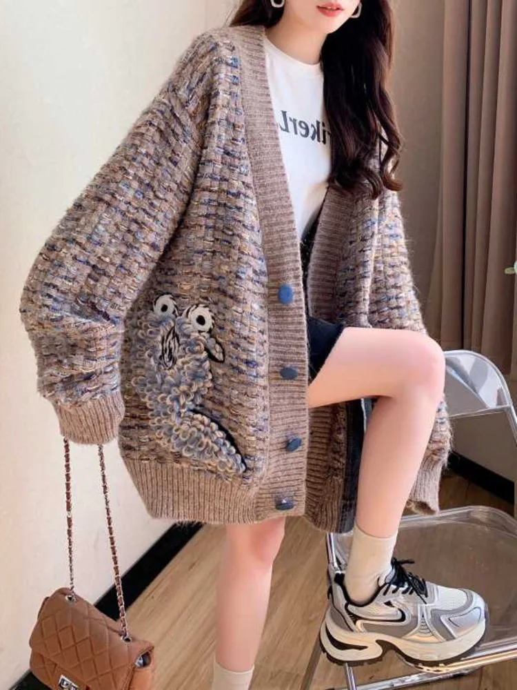 [EWQ] Big Size V-neck Long Sleeve Spliced Denim Female Knit Cardigan Fashion Causal Women Sweater Coats 2024 Autumn New 16O1718