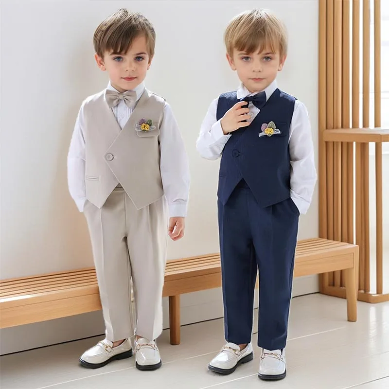 

2025 Spring Children Formal Suit Khaki Solid Vest Blazers Set for Boys Birthday Party Tuxedo Toddler Piano Performance Costume