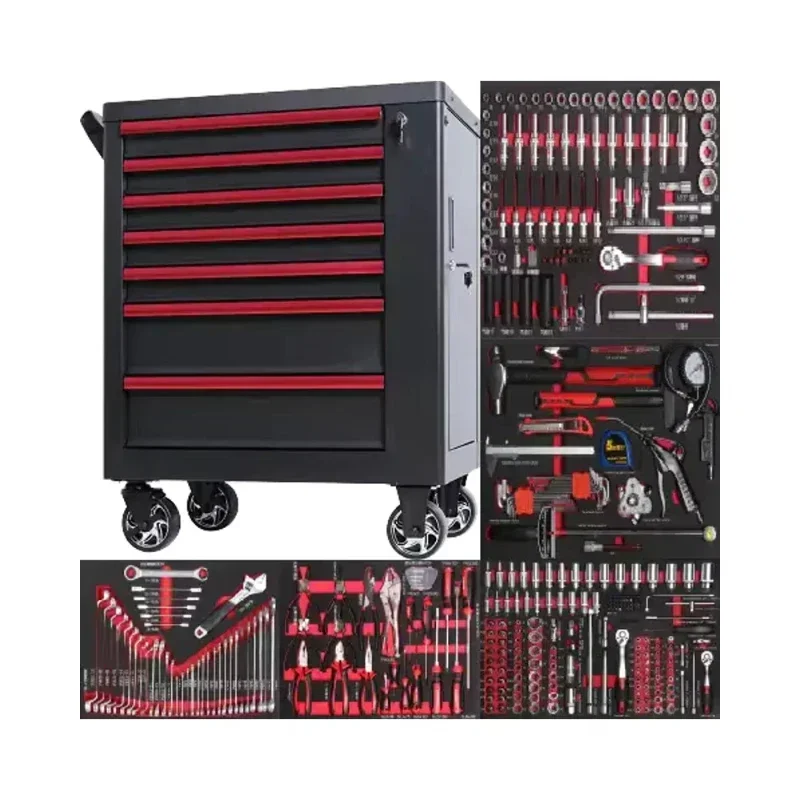 Auto repair lockable seven-drawer red tool cabinet with five hand tool sets for garage storage