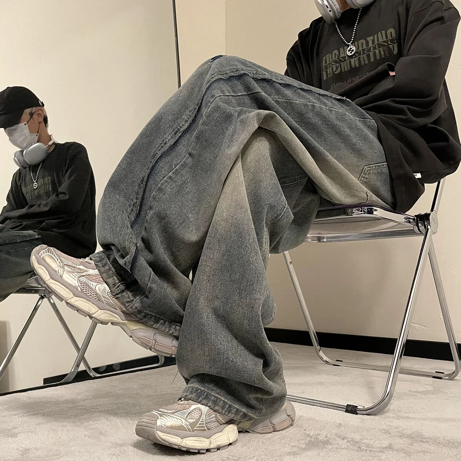 

Весенне-осенние винтажные новые модные мужские потертые синие повседневные модные свободные простые базовые широкие джинсовые брюки мужские джинсовые брюки