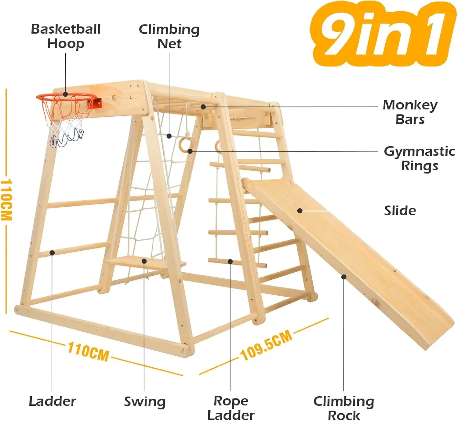 Playground   Toddler Montessori Wood Playset 9-in-1 with Slide  Basketball  Swing  Jungle Gym   Swedish Ladder    Monkey Bars