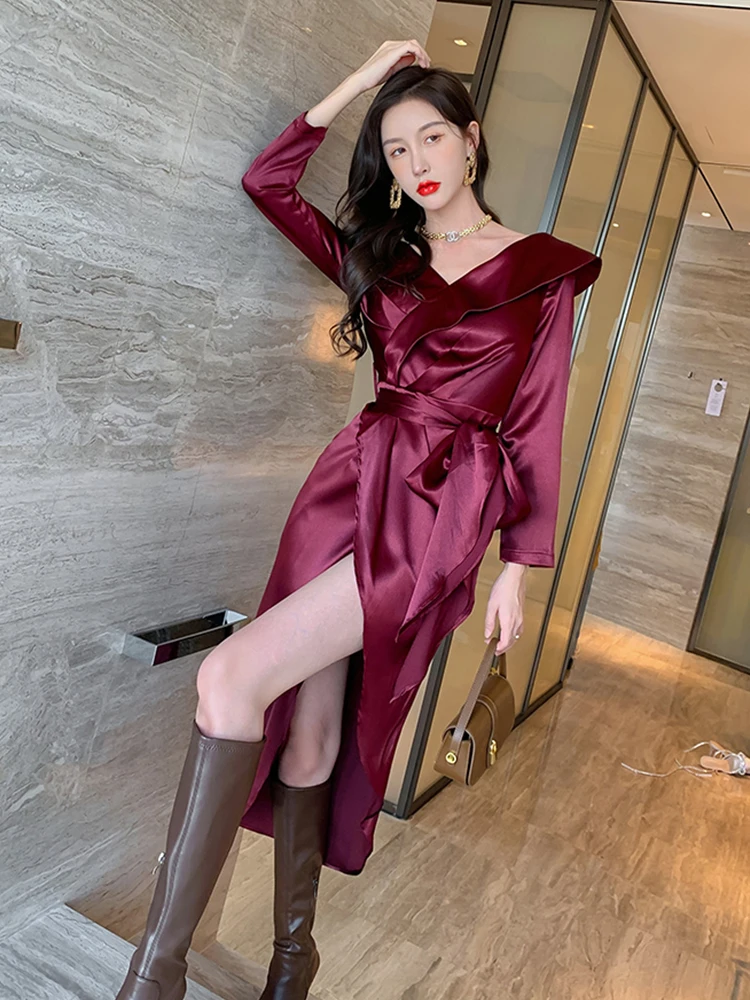 Moda francesa ol vintage cetim manga longa festa clube vestido elegante robe coffee break plissado cinto split vestido feminino