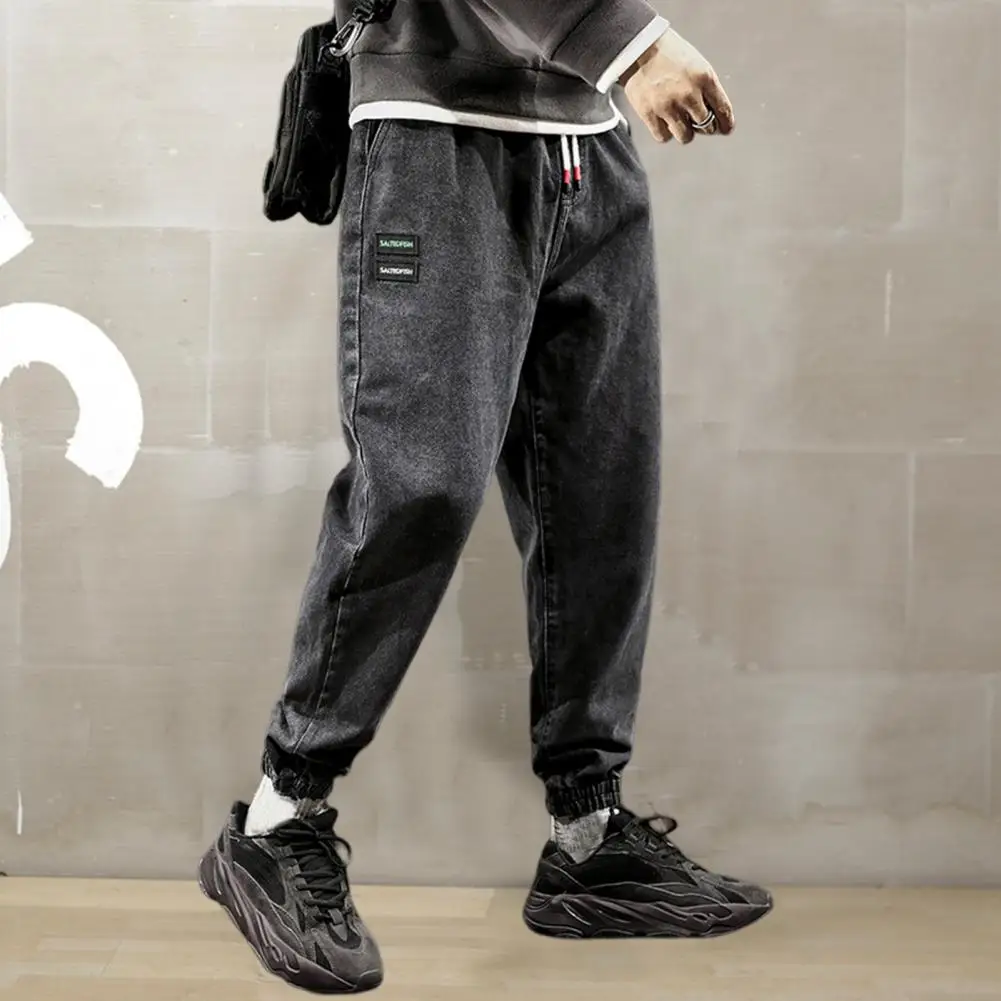 

Men Pants Elastic Waistband Harem Jeans Shrinkable Cuffs Casual Jeans Multi Pockets Hip Hop Denim Jogging Pants Streetwear