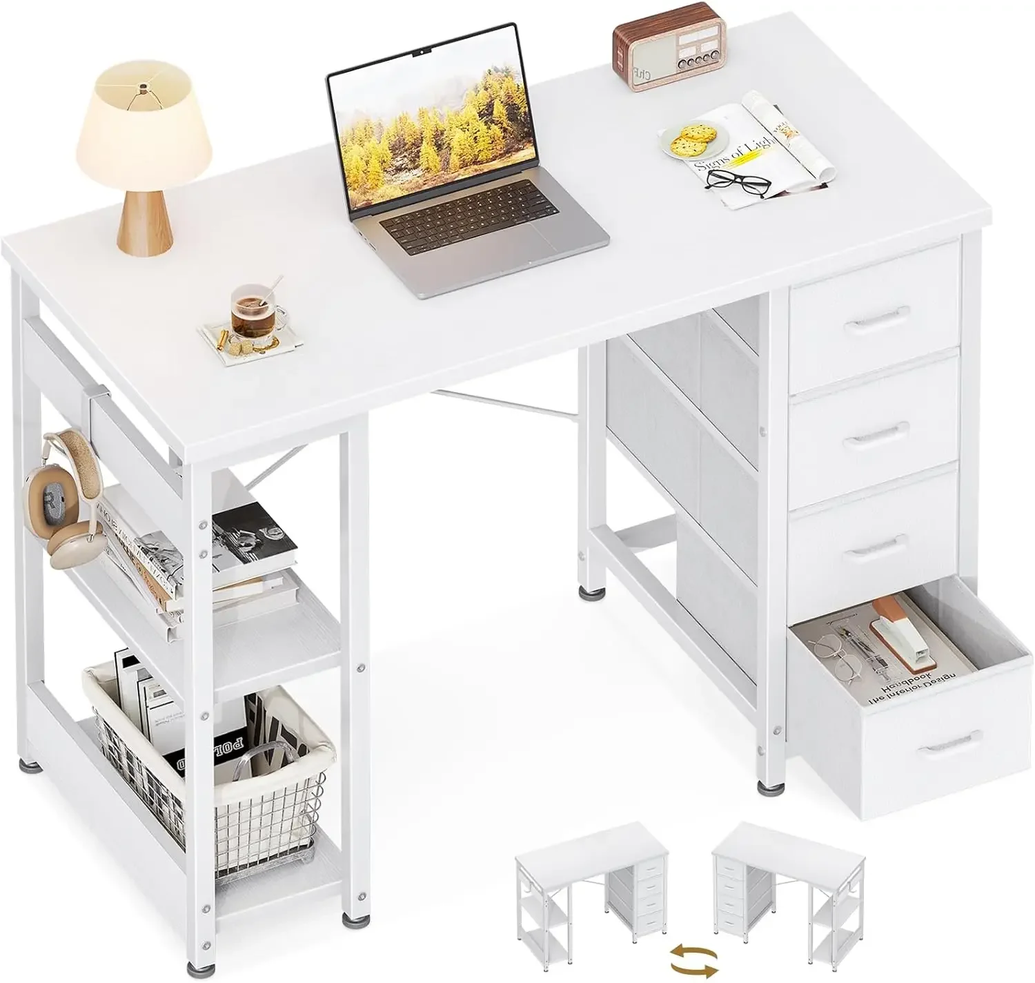 

40 Inch Small White Computer Desk with 4 Fabric Drawers, Modern Writing PC Desk