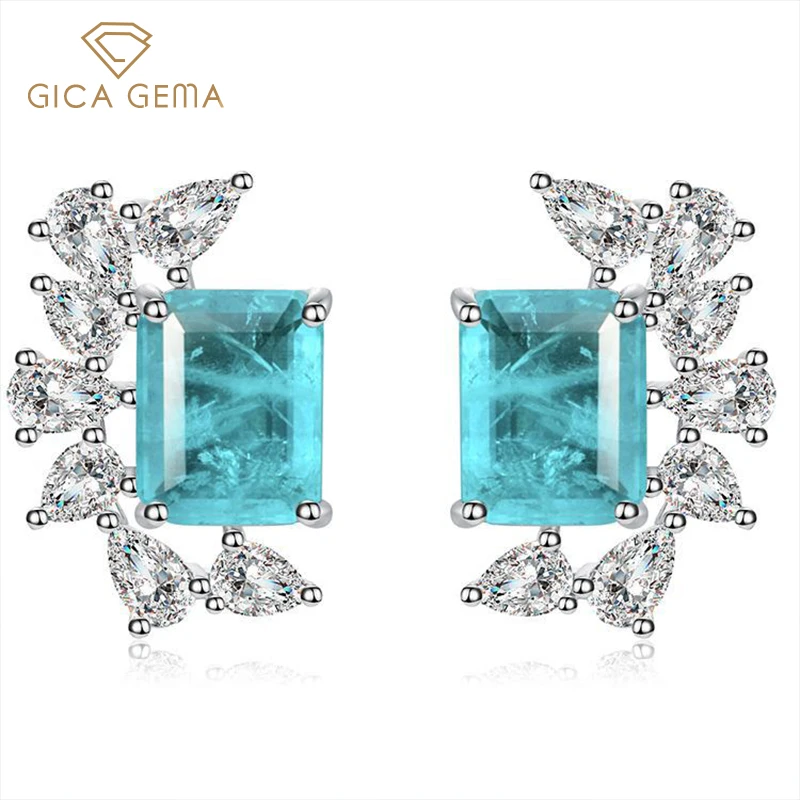 GICA GEMA 925 Sterling Silver Paraiba Tourmaline Gemstone Diamonds Earrings Ear Studs Fine Jewelry Gift Wholesale