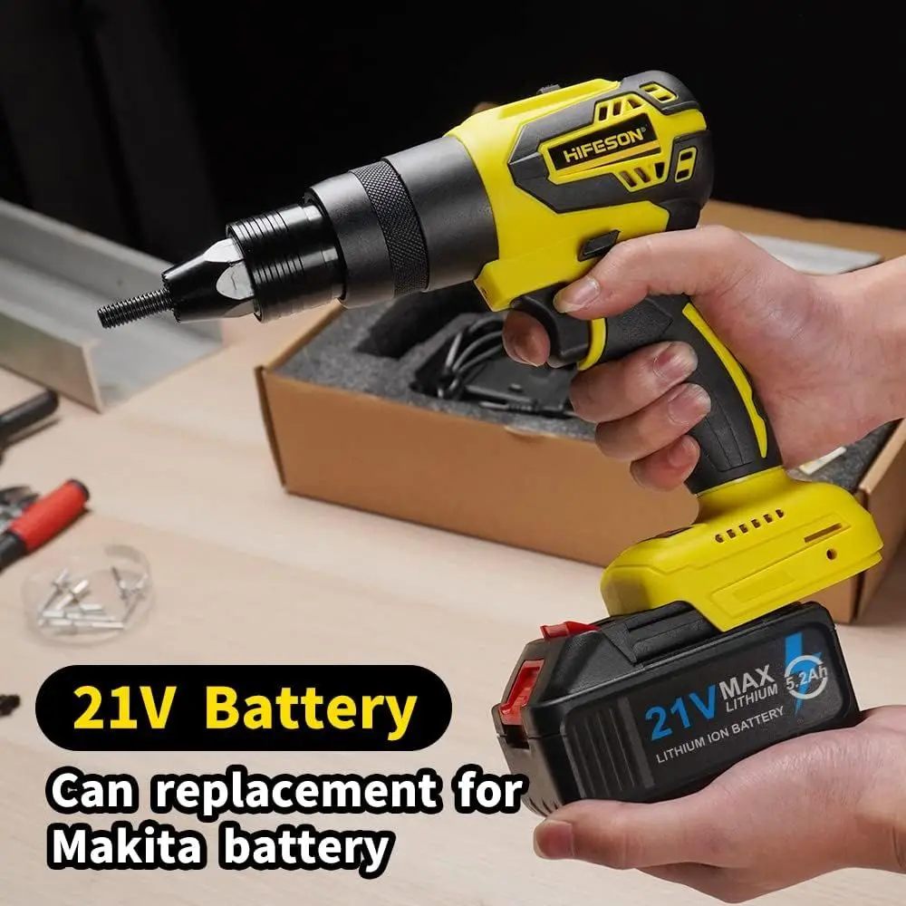 Cordless Rivet Gun Tool, 21V Electric Automatic Rivet & Rivet nut Two Functions Professional Kit with 2pcs Battery & Charger (3/