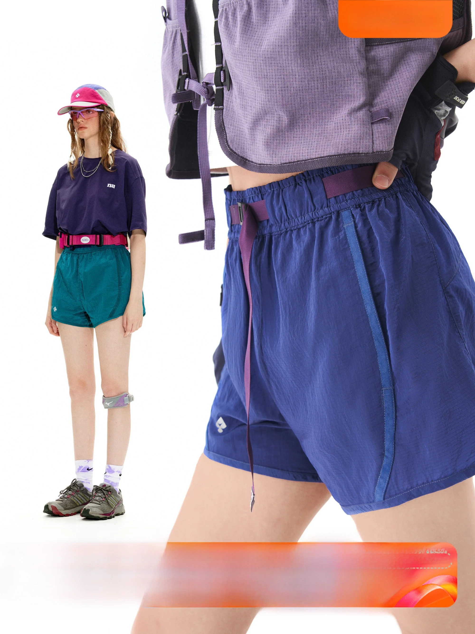 

Notomme Outdoor Camping Metal Luster Sports Shorts Color Block Waistband Slimming Hot Pants High Waist Nylon Straight Leg Pants