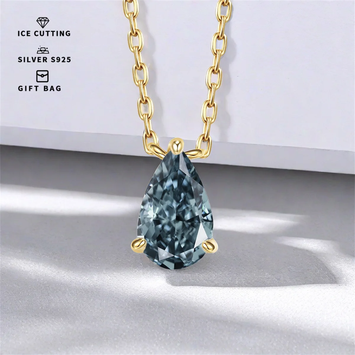 

S925 silver plated platinum and golden High carbon ice flower cut gray pear Zircon women's pendant necklace fine jewelry gift