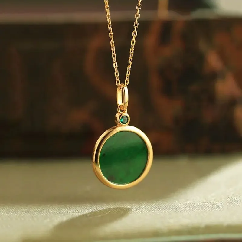 Natural green chalcedony circular pendant fresh minimalist nInlaid Chinese style classic peace and happiness necklace jewelry