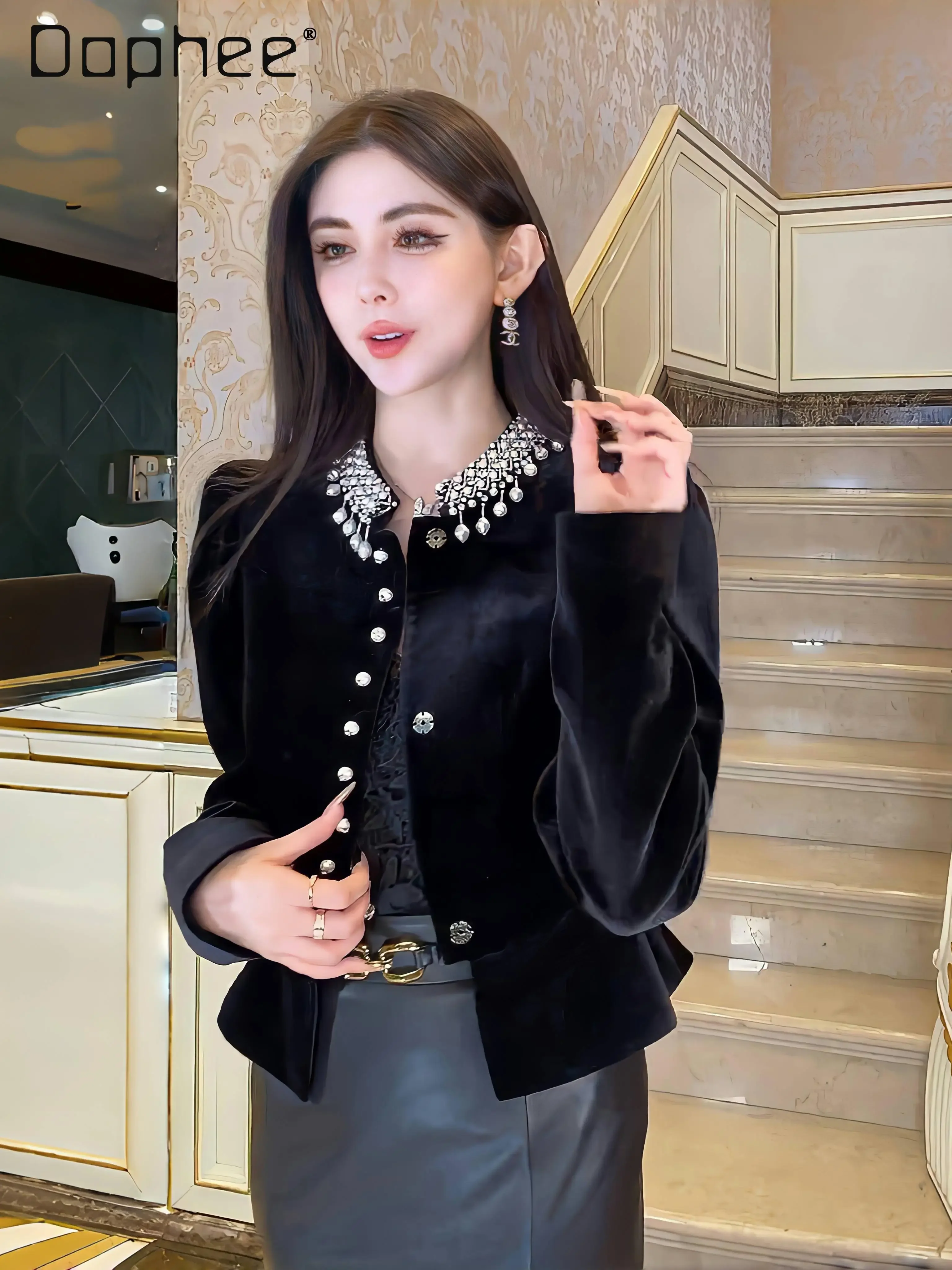 

Women's Black Velvet Short Jackets Beading Temperament Round Neck Long Puff Sleeve Suit Coat Elegant Ladies Outerwear