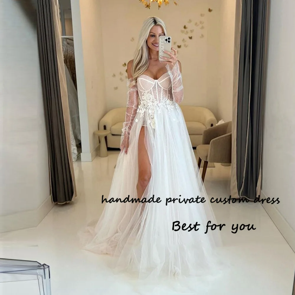 

Boho Wedding Dresses 3D Flowers Bone Corset Sweetheart Bride Dress High Split Soft Tulle Beach Wedding Bridal Gowns