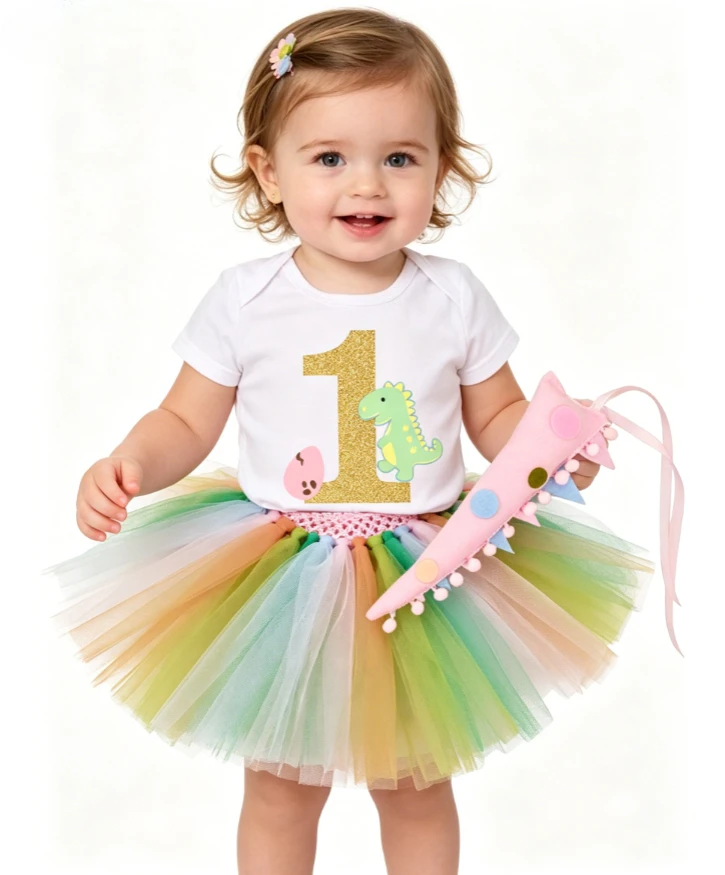 

Baby Dinosaur Print Romper Short Sleeve 3Pcs Set Mesh Tulle Skirt Infant Birthday Outfit Toddler Jumpsuit For Party Photo Shoot