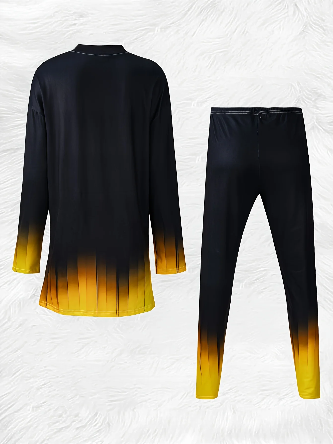 Printed Design Black & Yellow Ombre Gradient Long Sleeve Two Piece Set, Casual Tunic Top & Leggings Outfit with Side Slit