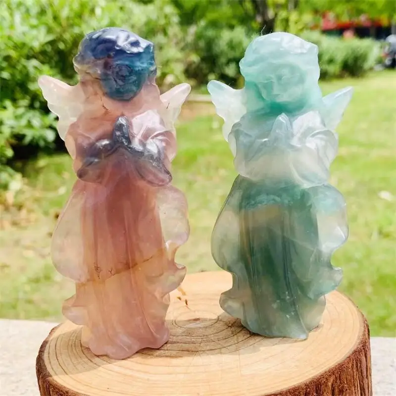 

10CM Natural Fluorite Angel Carving Handmade Crafts Healing Reiki Stone Home Decor Decoration 1PCS