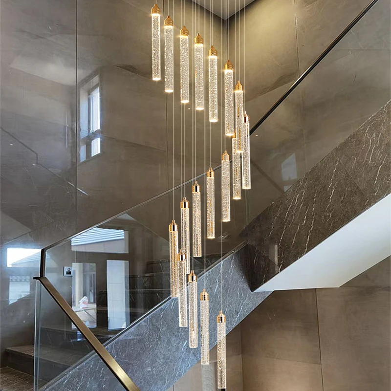 

Villa Staircase Pendant Light Long Hanging Cable Gold Crystal Pillar droplight for Kitchen Island Bathroom Restaurant Decoration