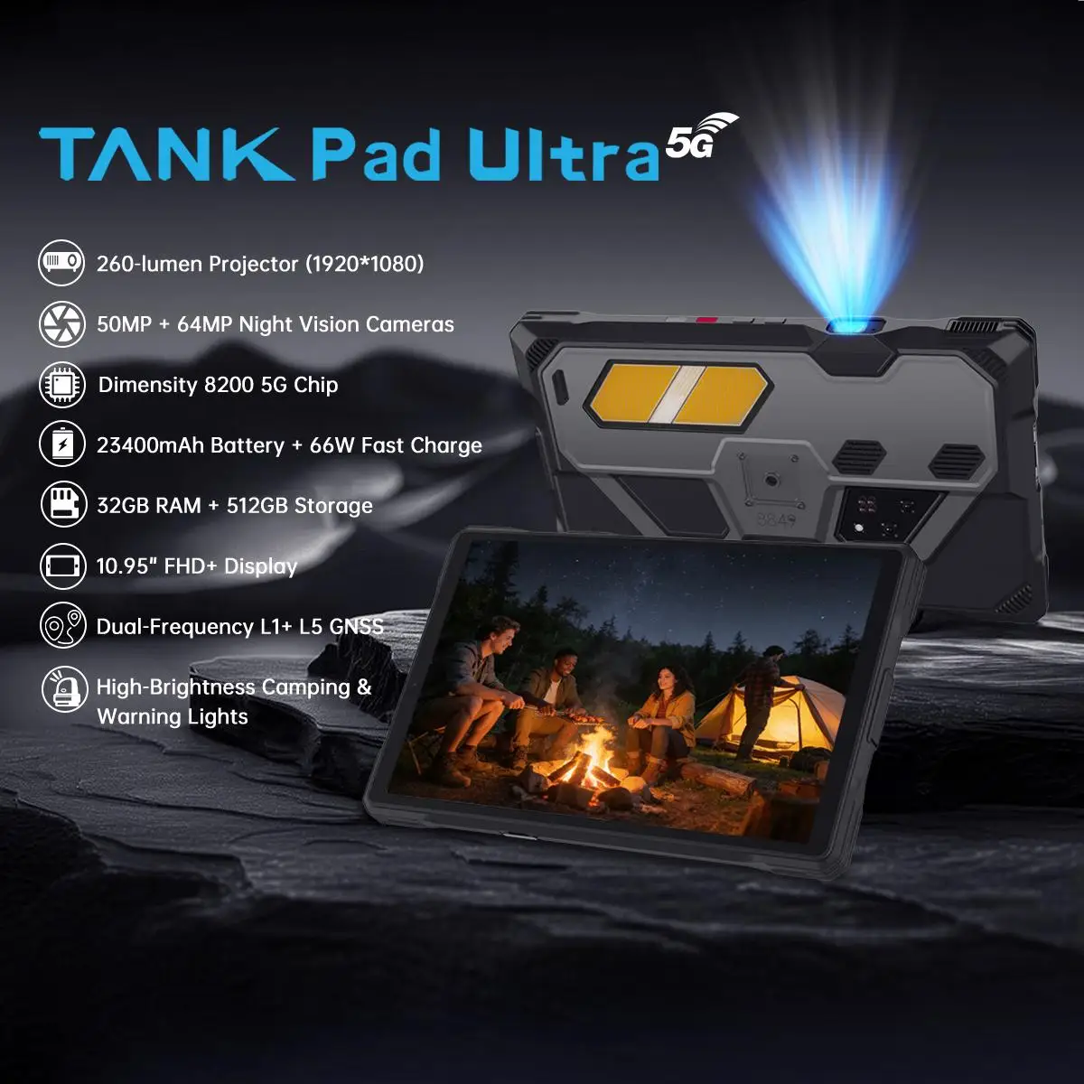 Unihertz 8849 Tank Pad Ultra Rugged Tablet Projector 16GB+512GB 10.95 inch Android 15 Dimensity 8200 Octa Core 5G Large Battery