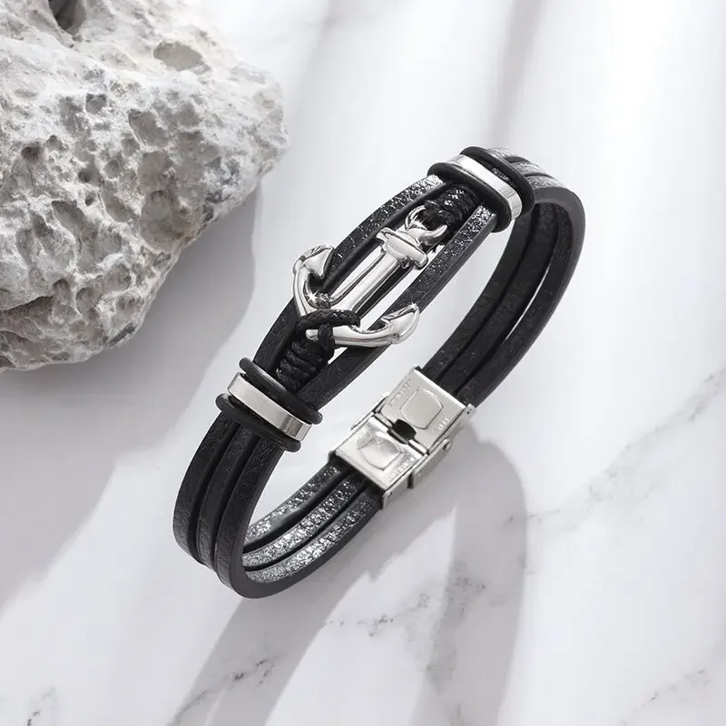 Vintage Punk Style Hand Braided Anchor Charm Bracelet Men's Classic Leather Bracelet with Magnetic Closure Fashion Wrist Jewelry image 3