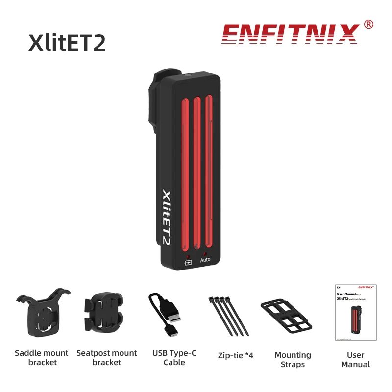 Enfitnix XlitET2 Bike Taillight Bicycle Rear Light Smart Tail Light Auto Start/Stop Brake Sensing LED Charging Waterproof IPX6