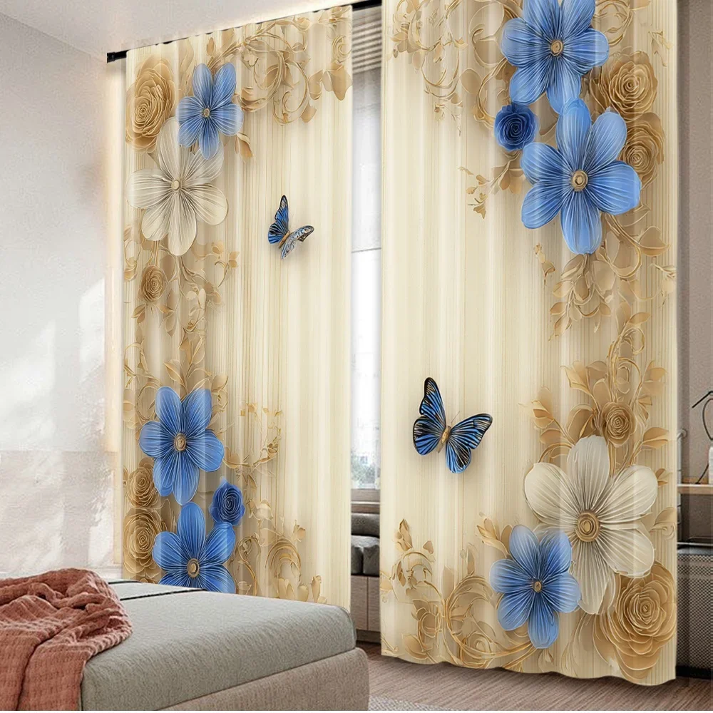 2D flat printing 2pcs Party Window Curtains Floral Butterfly Scene Digital Printed Polyester Drapes Festive Curtains Use for