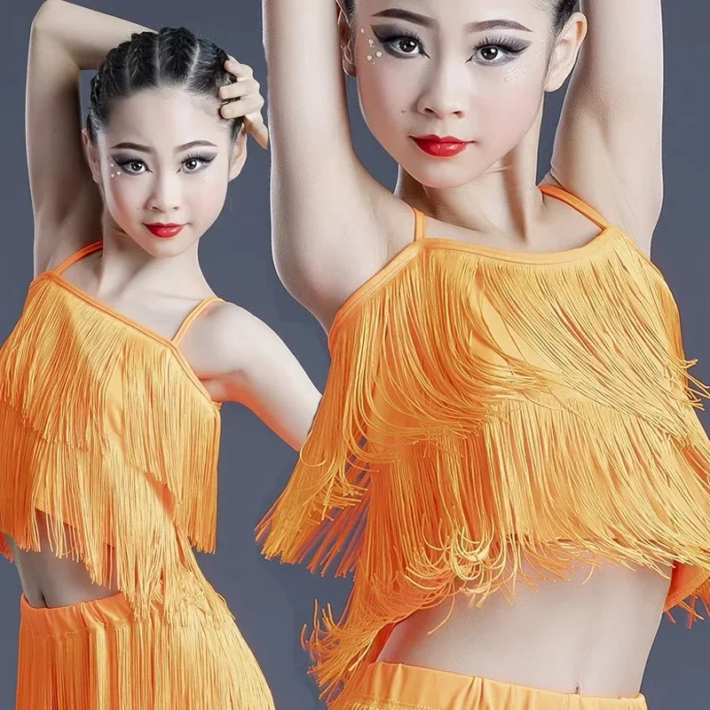 Verkauf Ballsaal Fransen Quaste Kleid Top und Hosen Pailletten Fransen Salsa Samba Kostüm Kinder Kinder Mädchen Latin Dance Kleider