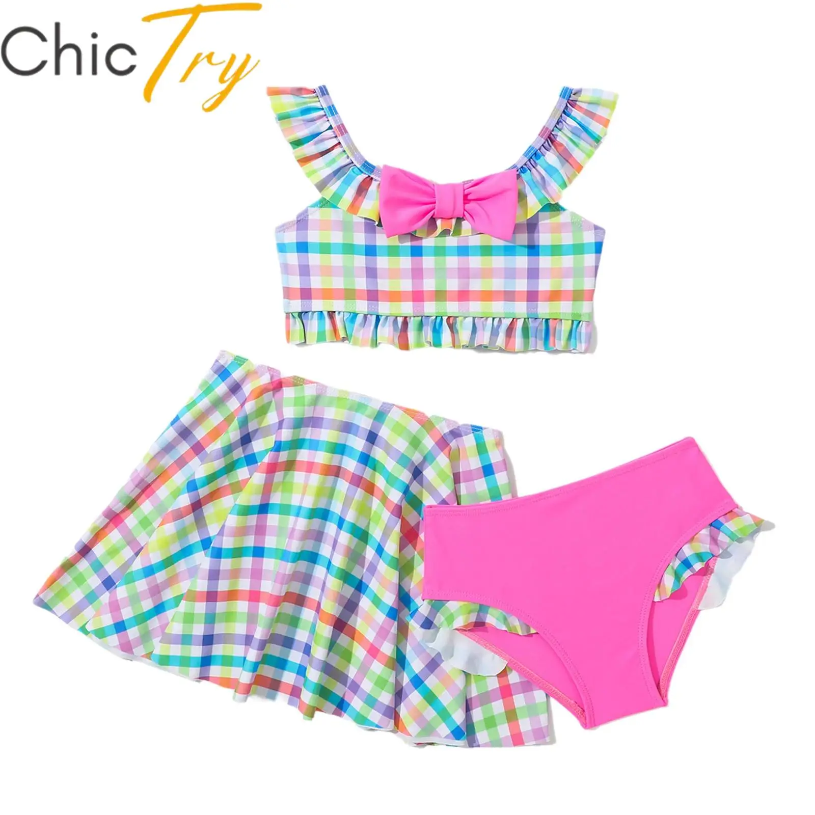 

Kids Girls 3 Pieces Swimsuit Swim Sets Tankini Swimwear Outfits Tops with Coverup Skirt Colorful Surfing Beachwear Bathing Suit