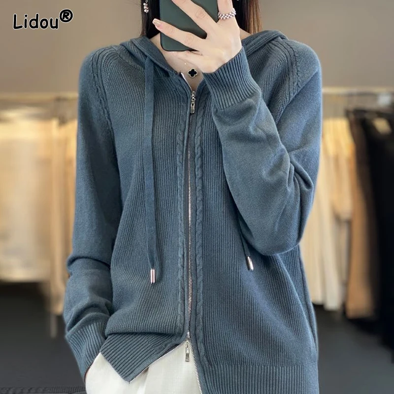 

2023 New Autumn and Winter Commuting Simple Solid Color Jacquard Pit Stripe Loose Oversize Long Sleeved Knitted Hooded Sweater
