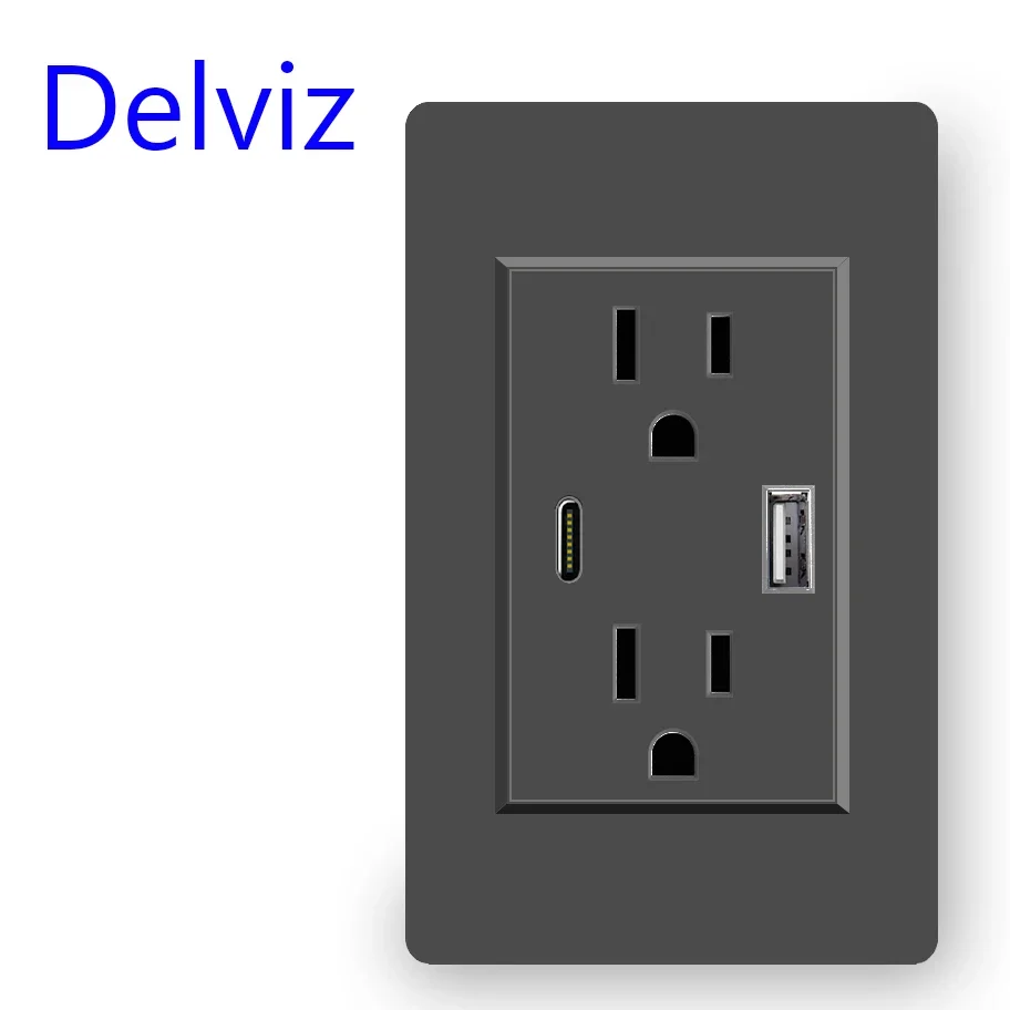 Delviz US Standard USB Socket, 2A Double USB Port, 118mm*72mm panel, United States AC 110V ~250V, Wall Embedded 15A Power Outlet