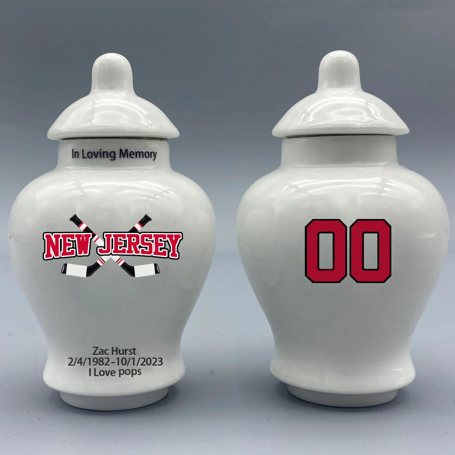 

Mini Urn for New Jersey Devils-themed Hockey Urn.Please send me the customization information - name/date and number on the urn