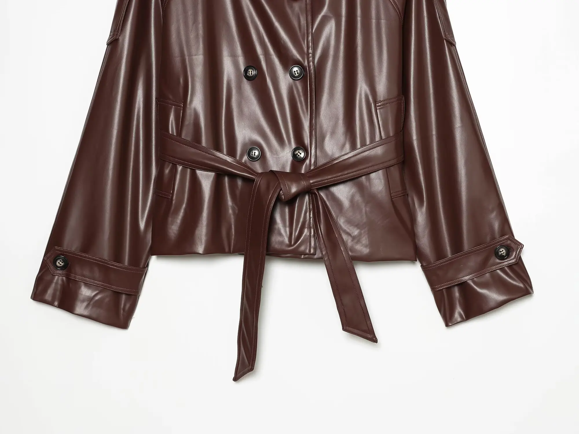 Women's Short Leather Effect Trench Coat, Lapel Double Breasted Windbreaker with Belt, Vintage Faux Leather Jacket