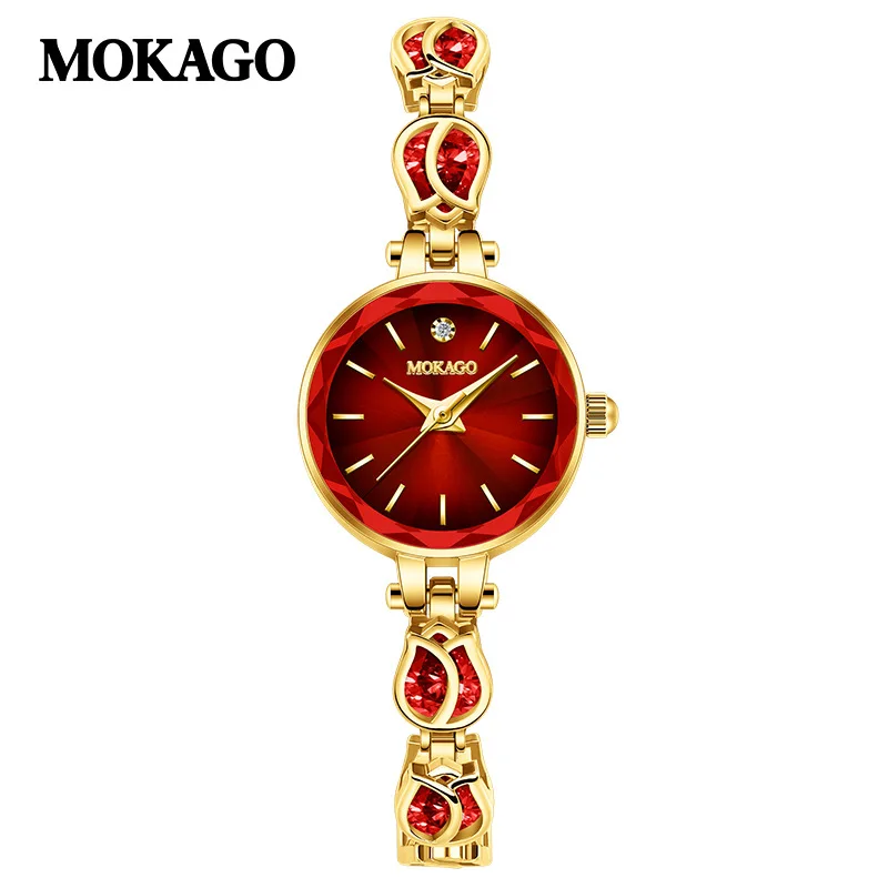 Mokago m8147 moda feminina pulseira relógio movimento de quartzo sol padrão dial cobre pulseira pedra preciosa 3atm presente à prova dwaterproof água